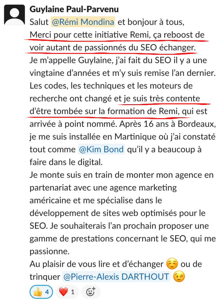 Échange dans la communauté Réussir Son SEO