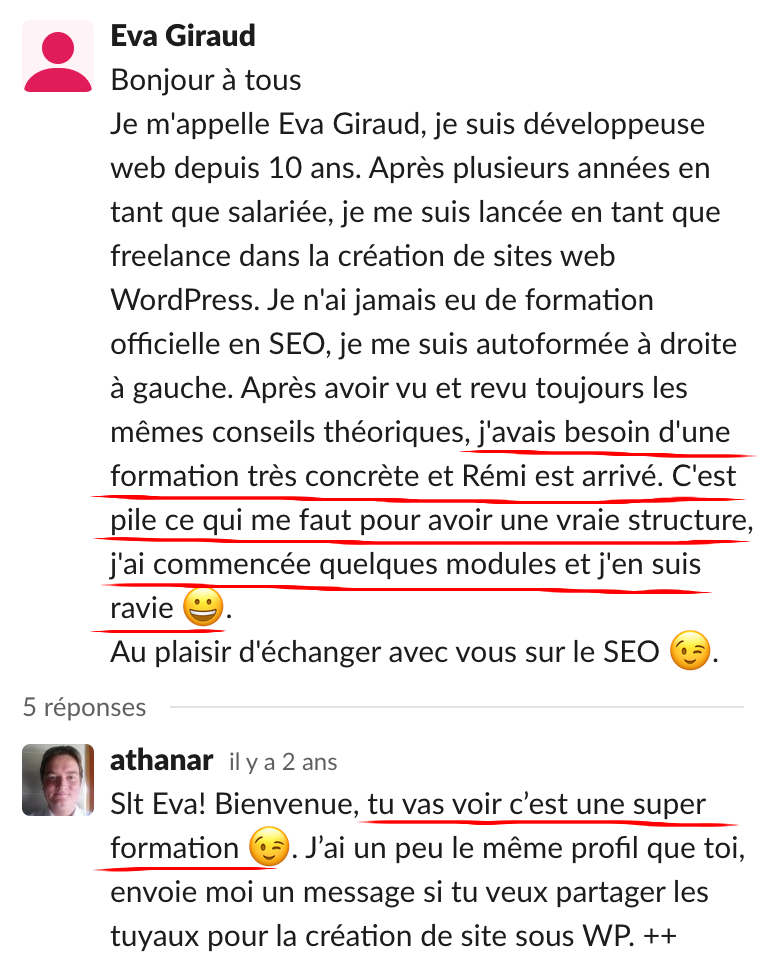 Échange dans la communauté Réussir Son SEO