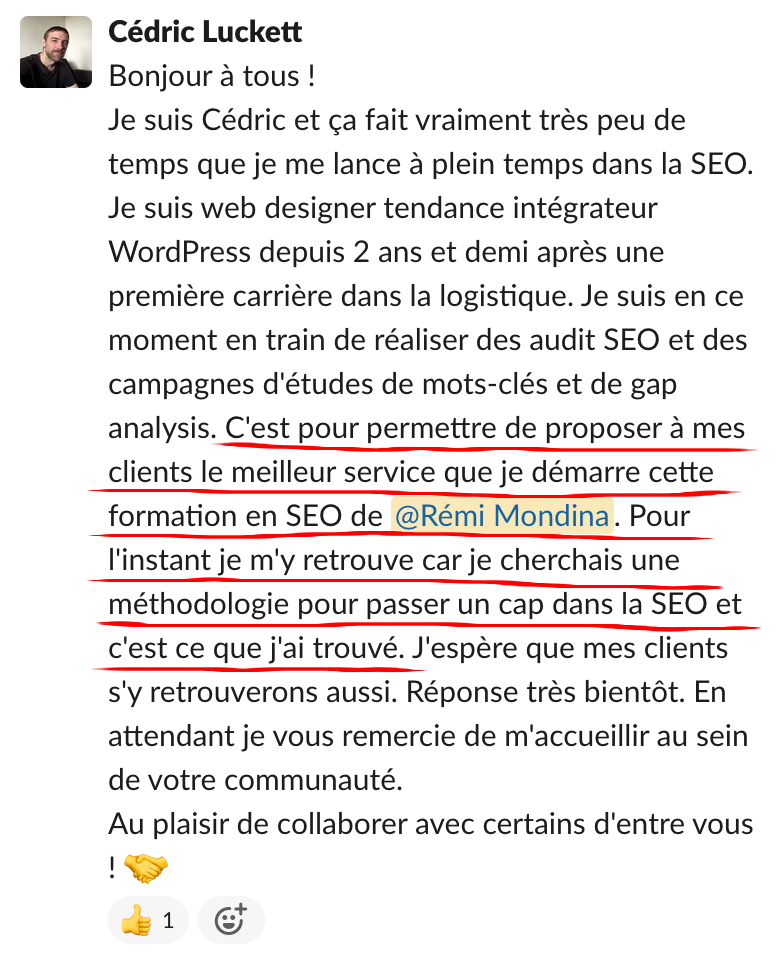 Échange dans la communauté Réussir Son SEO