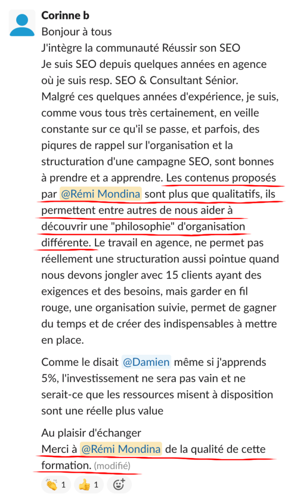 Échange dans la communauté Réussir Son SEO